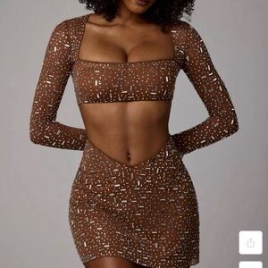 Brown Long Sleeve Crop Top and Skirt Set